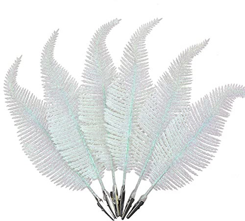 6PCS White Christmas Glitter Feathers Christmas Tree Baubles 8.7 Inch Christmas Tree Feathers Christmas Decoration Baubles Clip on Feather Decoration Glittery Ornament Baubles Christmas Family Décor