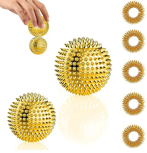 2 igelball massage + 5 akupressur ring finger - skill ball igelball klein 32mm 47mm - skills ring akkupressurringe for finger - skills borderline igelbälle Massageringe set für Stress Relief (gold)