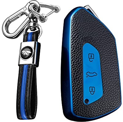 KUNIO Autoschlüssel Hülle Schlüsselcover Passt für VW Golf 8 R GTI GTE Atlas ID.3 ID.4 Crozz GTX ID.6X MK4 Passt für Skoda Octavia TPU Leder-Textur Schlüsselanhänger Schlüsseletui Blau