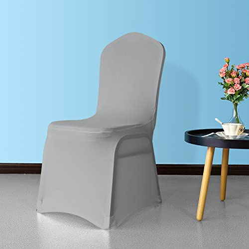 WedDecor Silver Protective Chair Cover Stretchable Spandex Front Flat Slipcovers for Weddings Decoration, Hotel, Conferences, Events, Restaurant, Birthday & Christmas Parties, 10pcs