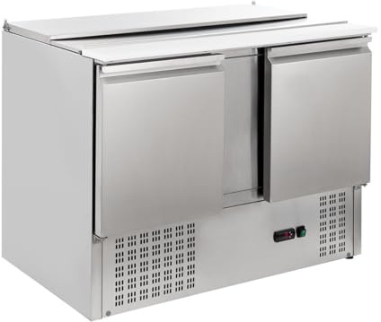 GastroHero Saladette 1045, 302 L, 2 Türen, 2 Böden, Edelstahl SH900 | Fixierbarer Klappdeckel, mit Kunststoffschneidebrett, Platz für 3 x 1/1 GN Behälter, 2 bis +8°C