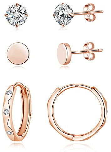 Loutade Creolen Silber 925 Ohrstecker Ohrringe, 3 Paare Sterling Silber Damen Ohrstecker Creolen Ohrringe Set, 4mm Ohrstecker & 13mm Creolen Schlafen Knorpel Tragus Helix Rose Gold Damen Ohrringe Set