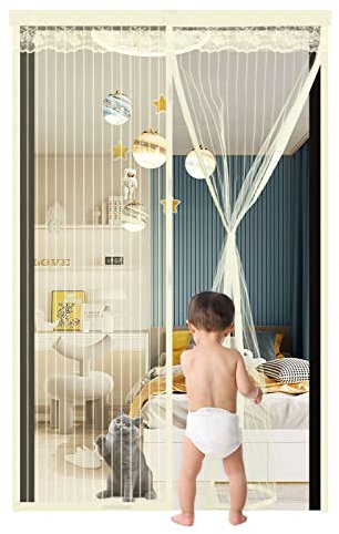 Moustiquaire Porte Fenetre Magnetique 120x210cm,Beige Rideau Anti Mouche Moustiquaire Aimantée Fermeture Automatique,Rideau de Porte Antimoustique pour Couloirs, Portes,Patio