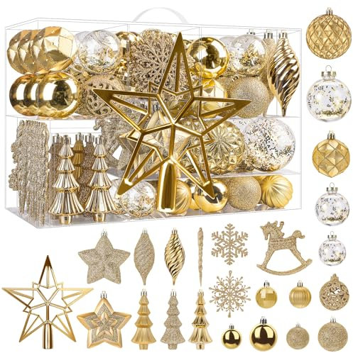 100 Stück Weihnachtskugeln Kunststoff Set, Bruchsicher Christbaumkugeln mit Haken, Weihnachtsbaum Deko in verschiedenen Größen und Ausführungen, Weihnachtsdeko Aussen Innen, Gold