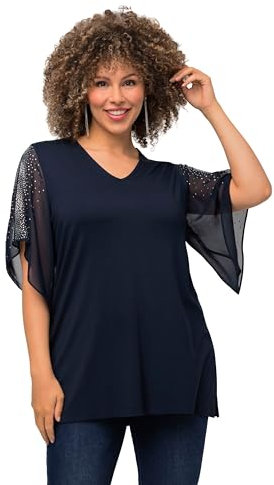 Ulla Popken Damen große Größen Übergrößen Plus Size Tunika, Glitzersteinchen, A-Linie, V-Ausschnitt, 3/4-Arm Marine 50+ 804684133-50+