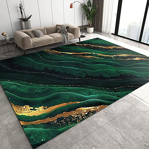 TEMLAN Nordischer Moderner Jadegrüner Marmor Teppiche Gegend, Luxuriöse Grüne Wellen-Gold-Textur Schlafzimmer Kurzflor für Wohnzimmer, Schlafzimmer, Esszimmer Badezimmer Küche Flur Läufer 140 x 200cm