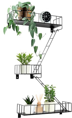 Zonon 3 Tier Fire Escape Wall Shelf Metal Ladder Decor,Black,Short 3 Tier | Hanging Organizer, Bedroom Home Display, Industrial Ladder Design with Action Figures Trinkets Plants, Decorative Floating