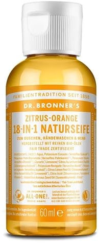 Dr. Bronners 18-IN-1 Naturseife | Zitrus Orange | Organic Flüssigseife | Vegan | Bio | Duschgel, Handseife, Shampoo und vieles mehr | Mit Bio Kokos-, Oliven- und Jojobaöl | 60 ml