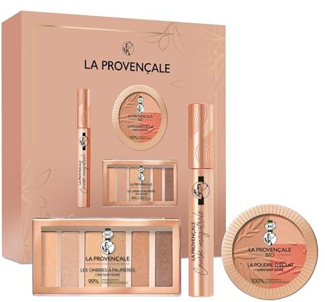 La Provencale - Coffret Cadeau Maquillage L'Instant Doré - 3 Produits - La Poudre Éclat, La Palette Instant Doré et Le Mascara Courbe Magistrale - Enrichis en Huile d'Olive BIO et Pigments Minéraux