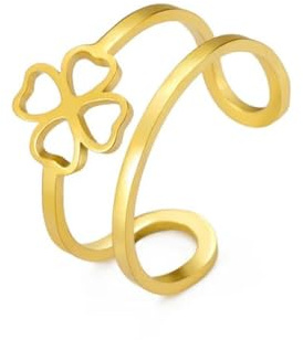 Anneaux ouverts de trèfle à quatre feuilles pour femmes en acier inoxydable Double couche d’anneaux de doigt de mode de bande de mariage bijoux cadeau
