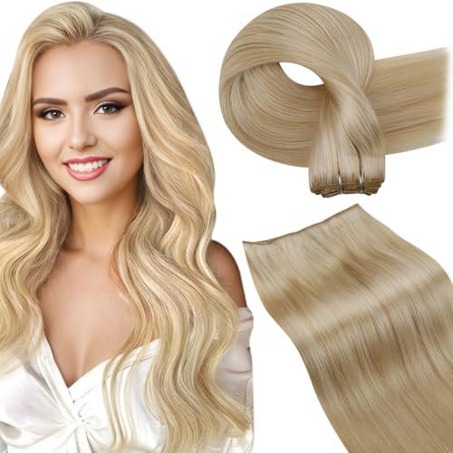 LaaVoo Weave Echthaar Extensions Highlight Blond Echthaar Extensions zum Einnähen 45cm Tressen Extensions Echthaar Hellbraun Blond 100g #P12/24