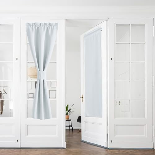 PONY DANCE Französischer Tür Vorhang Blickdicht Gardienen 2-Set B 60 x H 240 cm Scheibengardine Balkontür Thermovorhang mit Stangedurchzug Curtains, Grau-weiß
