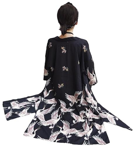 Uplateng Damen Harajuku Lose Lange Kimono Japanische Retro Strickjacke Kranich 3/4 Ärmel Yukata Robe Sommer Strand Schal Bademantel M-5XL Übergroß
