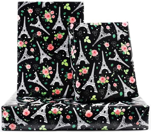 NEPOG Geschenkpapier mit Eiffelturm, Schwarz, Paris Eiffelturm, Blume, Geschenkpapier für Damen, Herren, Jungen, 6 Blatt flach gefaltet, 50,8 x 71,1 cm pro Blatt, für Hochzeit, Muttertag,