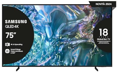 Samsung TV QE75Q60DAUXZT QLED 4K, Smart TV 75 Quantum processor Lite 4K, AirSlim, DVBT-2, Q-Symphony & OTS Lite, Integrato con Alexa e Bixby, compatibile con Google Assistant, Titan Gray 2024