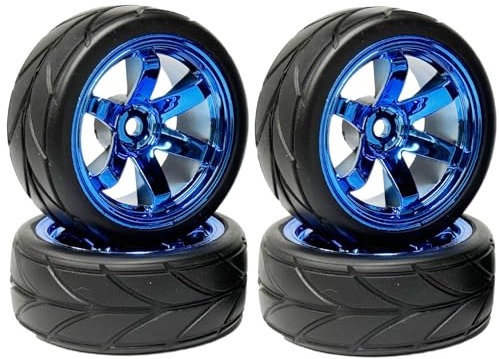 KINGCOO RC Auto Reifen und Räder Set, 4Stück 64mm Gummireifen und 6 Speichen Felgen Kunststoff Rad 12mm Hex für 1/10 RC On-Road Run-Flating Touring Racing Auto (Blau)