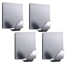 4 x Self Adhesive Square-Shaped Hook Sliver Chrome Stainless Heavy Duty Wall Sticky Hooks Waterproof Hooks for Robe, Towel, Key, Coat, Hat, Clothes, Shower Bathroom Kitchen Home Decor