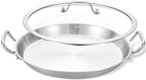 LOLYKITCH 13 Inch Tri-ply Stainless Steel Paella Pan with Lid,Griddle,Large Skillet,Omelet,Jumbo Cooker,Heavy Duty Dishwasher and Oven Safe.