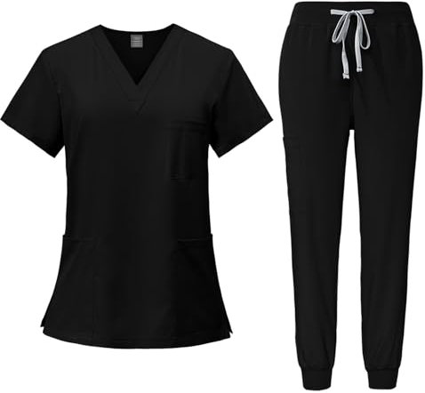 Meichoon Medical Uniform Set Scrubs Top and Pants V-Neck with 3 Pockets Ultra Soft and Quick Drying For Men and Women DK05Black XX-Large