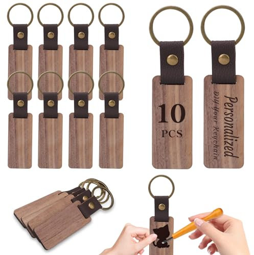 Hcunbsu 10 Stück Holz Schlüsselanhänger Rohlinge, Schlüsselanhänger Blanko, Personalisierter Schlüsselanhänger Holz, Rechteckig Leere Schlüsselanhänger Basteln für DIY Kunsthandwerk Geschenke