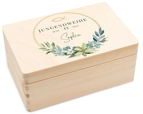 Geschenkfreude Erinnerungsbox personalsiert zur Jugendweihe - UV-Druck - 30x20x14cm Aufbewahrungsbox Holz - Holzkiste mit Deckel personalisiert mit Name und Datum - Jugendweihe Geschenke - Schatzkiste