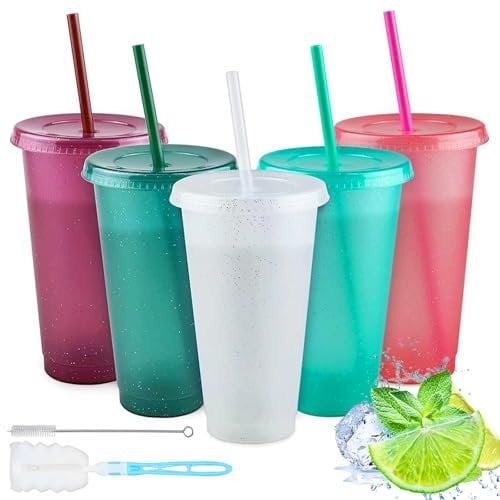 5 Pcs 24oz Iced Water Cups with Lids & Straws, Cold Drinking Tumblers, Plastic Tumbler Set, Reusable & BPA Free Plastic Cup, Coffee Smoothie Slushy Drinking Cup, Party Cups for Kid Adults (Glitter)