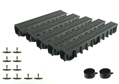 ScarMaxx - 5m Entwässerungsrinne Set - Bodenrinne - Regenwasser Ablauf - Abfluss mit Gitter - A15 Bauhöhe 148mm - Komplett Set - Längsstabrost Line Schwarz - 13x500x14,8cm
