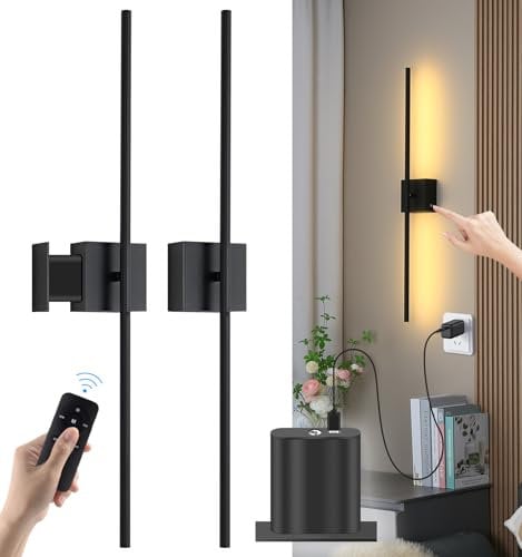 LED Applique da Parete Batteria Interno, Lampada da Parete Senza Fili Ricaricabile USB, Touch Dimmerabile Lampada a Muro con Telecomando, Rotazione 350°, Lampada da Lettura, Nero 80CM