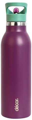 Décor Snap n Seal Insulated Water Bottle with Straw for 10 Hours Hot & 24 Hours Cold Drinks, BPA Free - 600ml Leakproof Stainless Steel Water Bottle & Carry Handle - Dark Purple