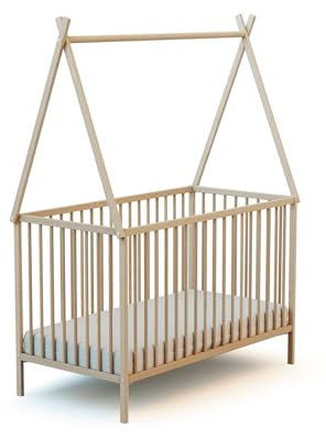 WEBABY - Babybett Holz Tipi-Bett 60x120 Buch Natur| Kinderbett | Kinderbett | Von Geburt an | Lattenrost inklusive | Bett mit Gitterstäben | Verstellbarer Lattenrost in 3 Höhen