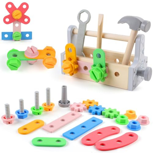 Tikplus Werkzeugkoffer Kinder ab 3 Jahre, Holzspielzeug Koffer Jungen, Holzwerkzeug Kinderspielzeug, Lernspiele Kinderwerkzeug Farbige, Werkzeugkasten Spielzeug Kinder 2 3 4 Jahre
