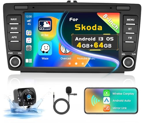 Inefala Upgrade 4G+64G 8 Pollici Touchscreen Autoradio per Skoda Octavia Yeti Rapid Supeb Roomster, Radio con Wireless CarPlay e Android Auto GPS WiFi BT RDS FM USB SWC MIC Retrocamera