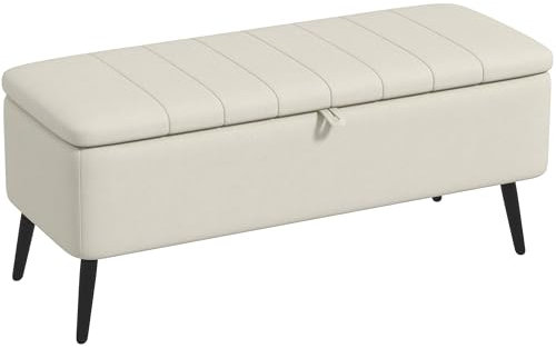 HOMCOM Storage Ottoman with Flip Top, Rectangular Upholstered Bench, Linen Look Fabric Footstool with Steel Legs for Living Room, Bedroom, Cream White