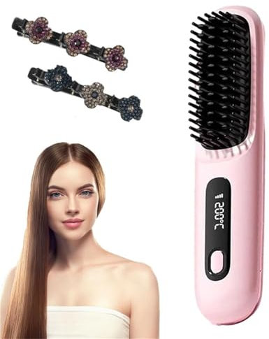 BellaBrush Pro, Bella Brush Pro, tragbare Glättbürste, beheizter Haarkamm, Haarglätterbürste, kabellose Haarglätterbürste, tragbarer Bürstenglätter für Frauen(Pink)