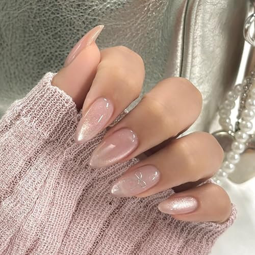 Ceboic French False Nails Almond Long, 24Pcs Glossy Pink Cat Eye Press on Nails, Elegant Acrylic Full Cover Fake Nails with 3D Bow Patterns, Natural Reusable Ballerina Stick on Nails for Women Girls