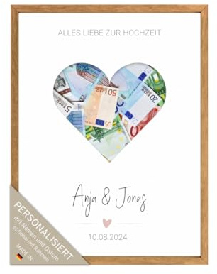 PuK Personalisiertes Geldgeschenk Hochzeit | Poster ausgestanzt zum Geld verschenken | Individuelles Hochzeitsgeschenk für Brautpaar Bilderrahmen | Love Poster Hochzeit A4 A3 personalisiert (Herz)