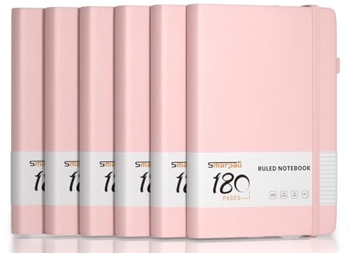 Smarpau A5 Lined Journal Notebook, 6 Pack Hardcover Journals for Women, Notepad with Thick Paper for Writing, Leather Notebook Multipack for Work School Office, 180 Pages, 14.5 x 21 cm - Pink