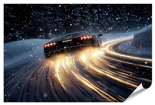 islandburner Prime Bild Poster Lamborghini im Schneesturm bei Nacht Premium Bilder Fotodruck