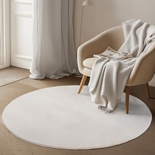 Carpetsale24 Kurzflor Teppich Wohnzimmer 200 cm Rund Creme - Runder Teppich Waschbar, rutschfest, Weich, modern einfarbig Design - für Schlafzimmer, Küche, Esszimmer