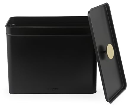 Salter Alchemy Bread Bin with Lid – Carbon Steel Powder Coated Large Bread Box, 33 x 18 x 25.5cm, Long Lasting Freshness, Space Saving Kitchen Storage for Loaves, Bagels, Pastries, Black/Gold Handles