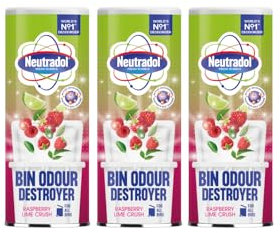 Neutradol Dustbin Odour Destroyer, Bin Freshener Deodorising Powder, Odour Eliminator for Indoor & Outdoor Bins, Multipack of 3 x 350g (Raspberry & Lime Crush)