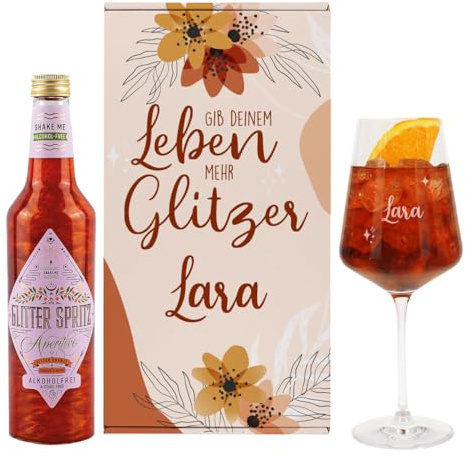 Herz & Heim® Glitter Geschenkset mit graviertem Glas, Geschenkbox und Glitter Spritz Flasche, Motivauswahl, personalisiert (Gib deinem Leben mehr Glitzer (alkoholfrei))