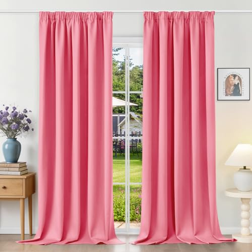 Runyéla Vorhänge Blickdicht mit Kräuselband Thermovorhänge Kälteschutz | 245Hx140Bcm,Rosa,2er Set,Verdunkelungsvorhänge für Schienensystem,Gardinen für Wohnzimmer,Blackout Curtain