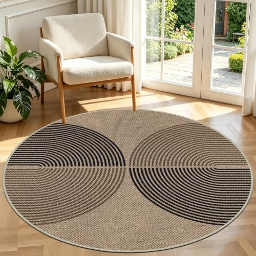 Capslpad Teppich Rund 120cm, Jute Aussehen Outdoor Teppich, Waschbar rutschfest Natürlich Teppiche für Wohnzimmer, Balkon, Terrasse, Küche, Garten, Farbe:Schwarz Braun