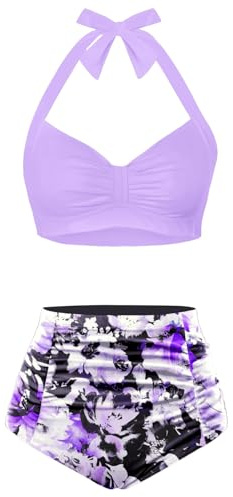 Holipick Women High Waisted Bikini Set Two Piece Swimsuit Tummy Control Bathing Suit Vintage Halter Swimwear, Purple and Floral, Medium