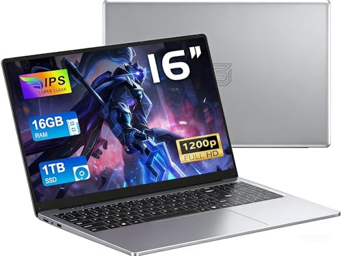 CHIFUYOU PC portatile 16 GB RAM 1 TB SSD aziendale Computer portatile 16 pollici N150 3,6 GHz, Win 11 Pro, 1920 x 1200 p, 6000 mAh, tastiera retroilluminata - Grigio