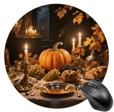 Autumn Dinner Table Round Mouse Pads Non-Slip Rubber Base Mouse Mat Cute Mousepad Funny Computer Desk Accessories for Office Home Gaming Work 7.8 X7.8 Inch