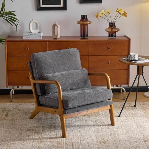 Bonnlo Accent Chair, Soild Wood Lounge Armchairs, Chenille, Dark Grey | Occasional Reading Chair with Cushions and Lumbar Pillow, Mid Century Armchairs for Living Room, Bedroom, Guest Room,