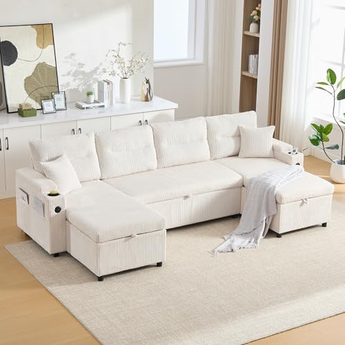 Yihomfy Canapé Convertible, Canapé lit modulable en U avec lit gigogne et méridienne de Rangement, canapé d'angle Convertible 2 à 4 Places avec 2 Porte-gobelets et Ports USB pour Salon