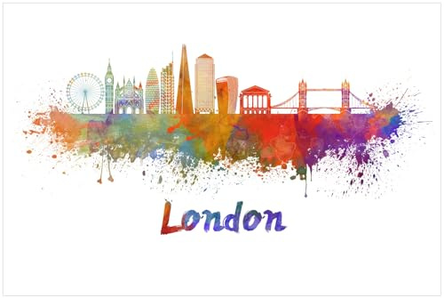 Wallario Küchenrückwand selbstklebend 90 x 60 cm, Motiv: Städte als Aquarell - Skyline von London | Spritzschutz abwischbar & pflegeleicht